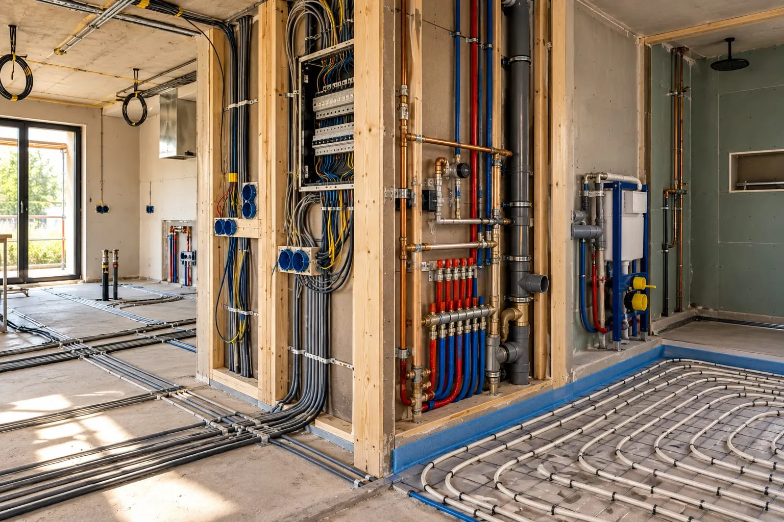 Leidingwerk, elektrakast en vloerverwarming tijdens de installatie in een casco ruimte.