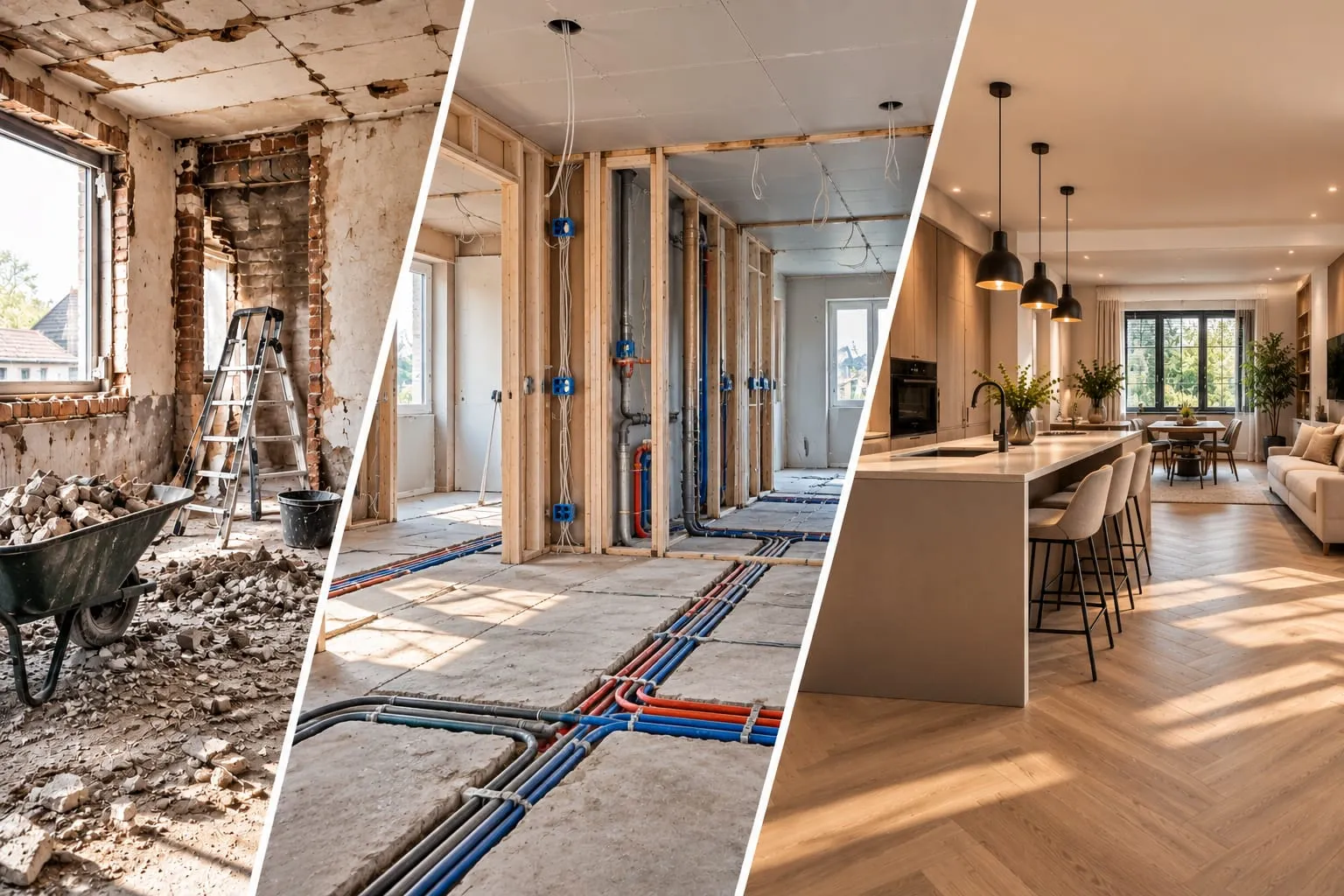 Drieluik van een woningrenovatie: sloop, installatie van leidingwerk en het afgewerkte resultaat.